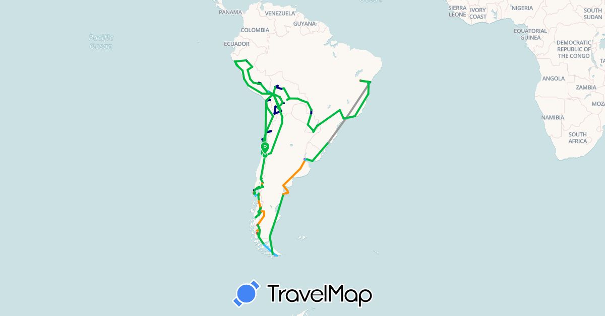 TravelMap itinerary: driving, bus, plane, train, hiking, boat, hitchhiking in Argentina, Bolivia, Brazil, Chile, Peru, Paraguay, Uruguay (South America)